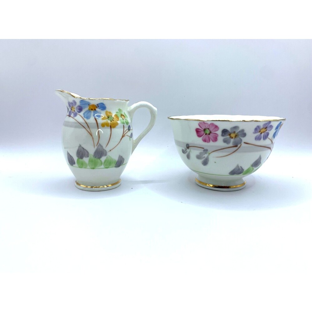 Sutherland Bone China White Creamer Sugar Bowl Floral Design Gold Gilt England